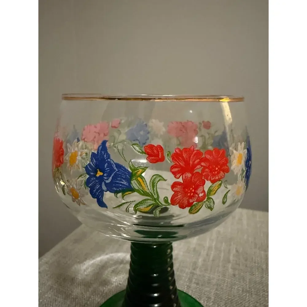 Vintage Hand-Painted Floral Goblets Green Stem Gold Rim Set of 2 – 5.5